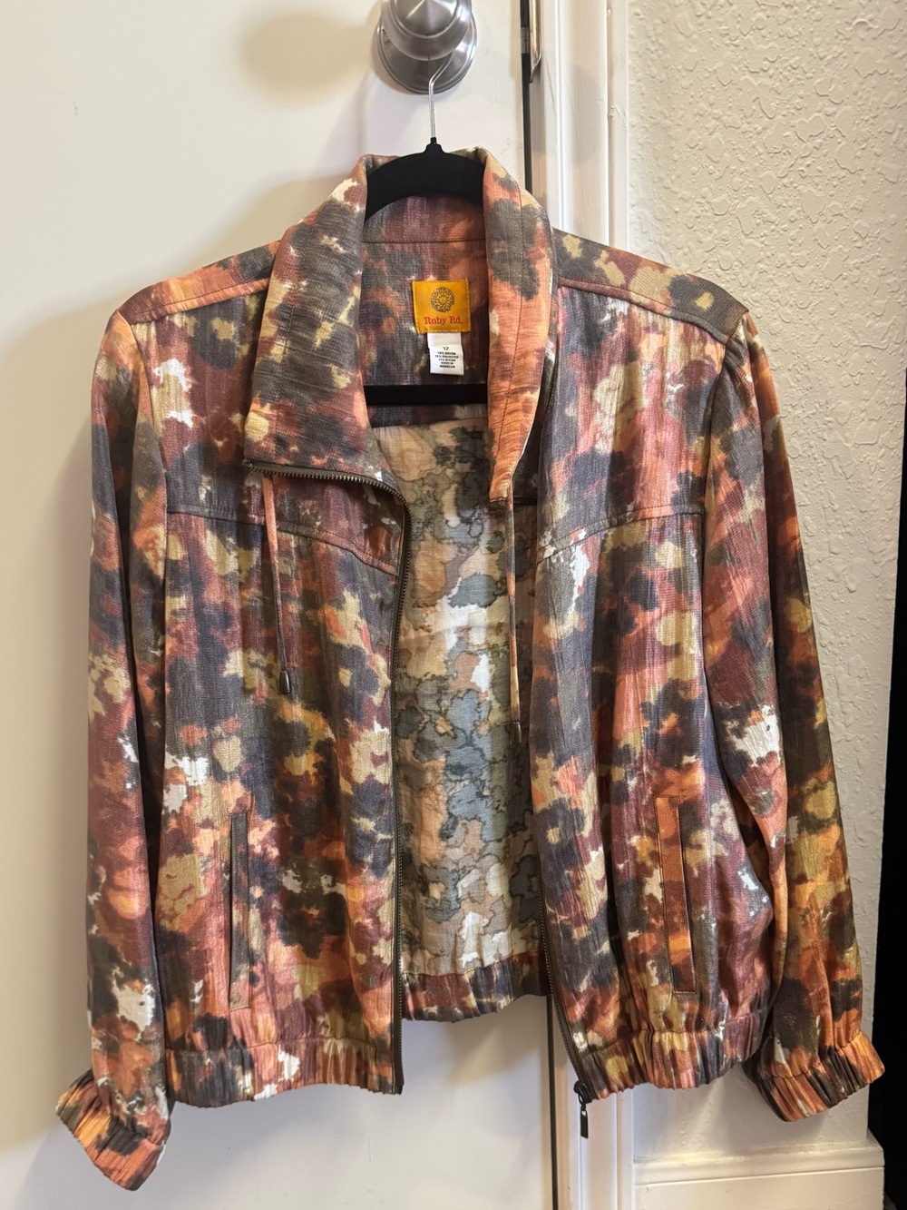 Ruby Rd. Coper and Brown/Multi-Color Abstract Bomber Jacket